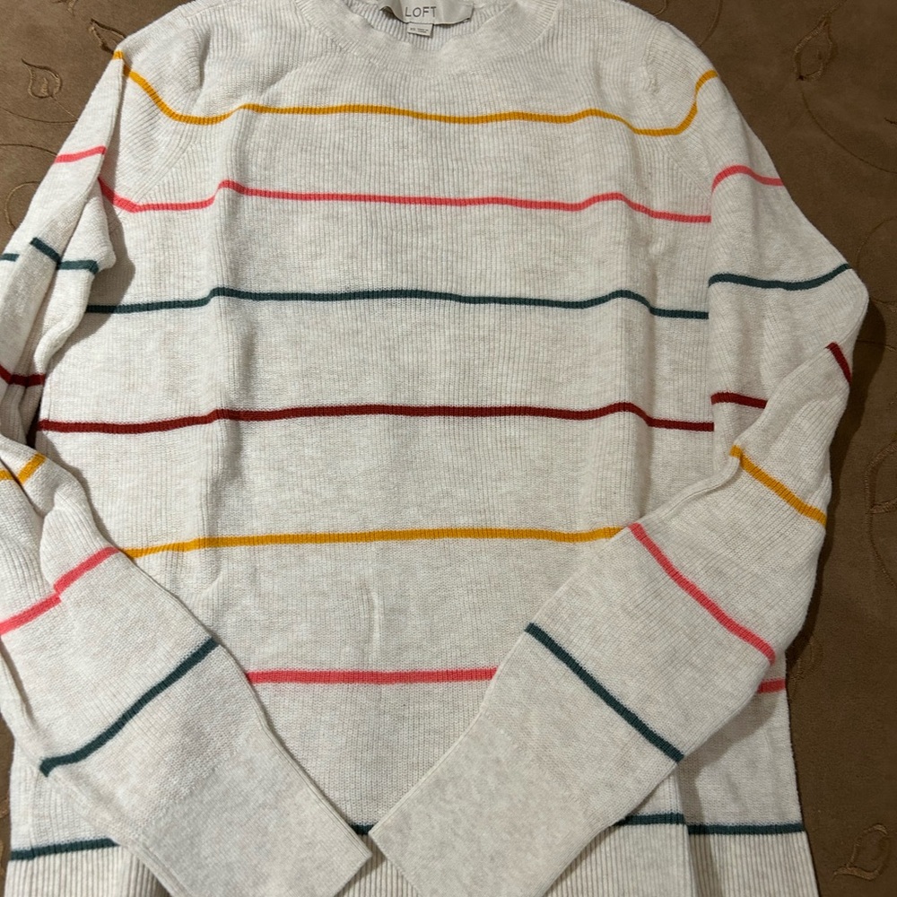 LOFT Crewneck Sweater - Cream with Multicolor Stripes